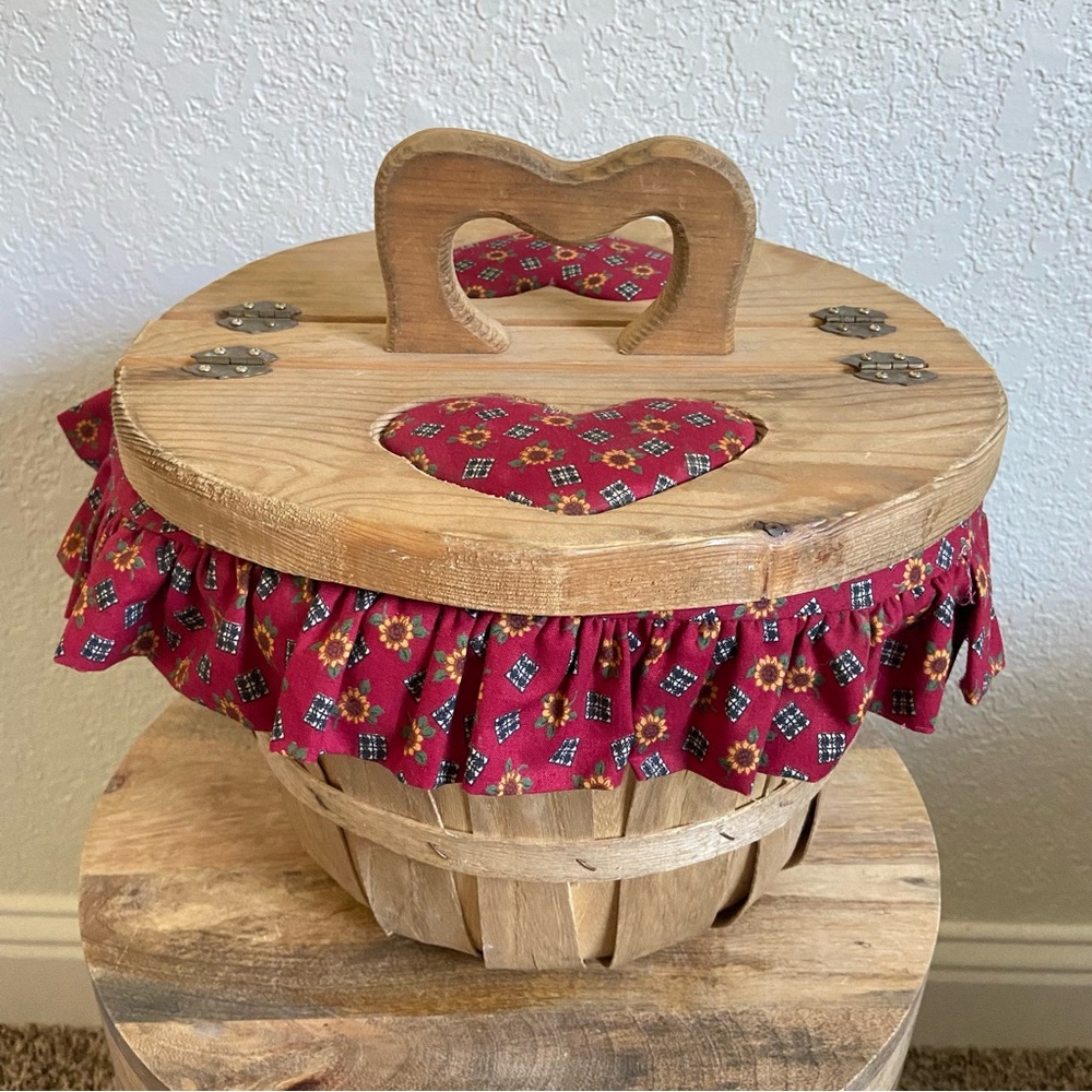 Vintage Wooden Lined Bushel Sewing Basket